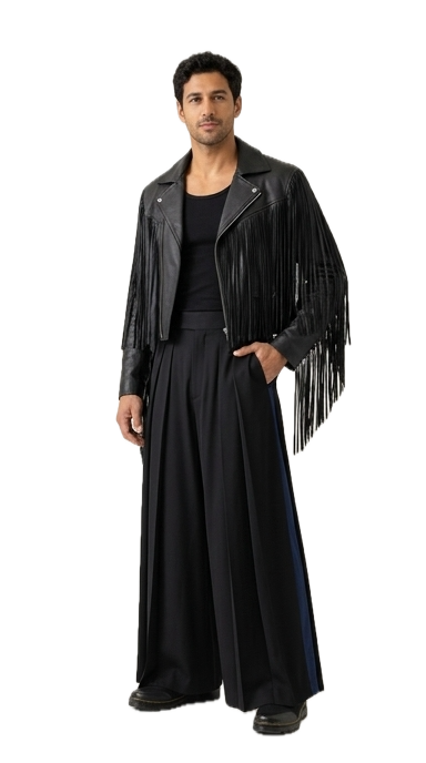 Evening outfit: Black, in motion.