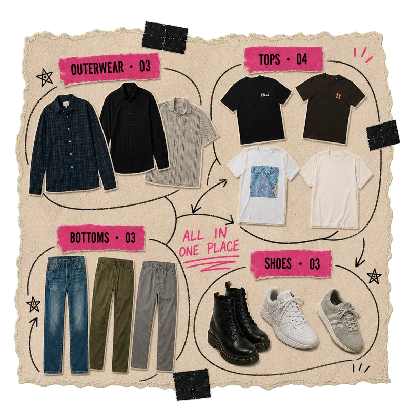 An organised wardrobe map with outerwear, tops, bottoms and shoes