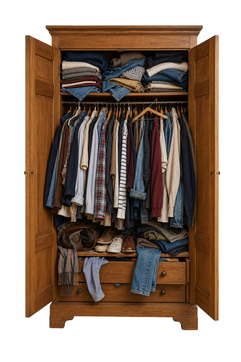 An overfilled open wardrobe packed with clothes