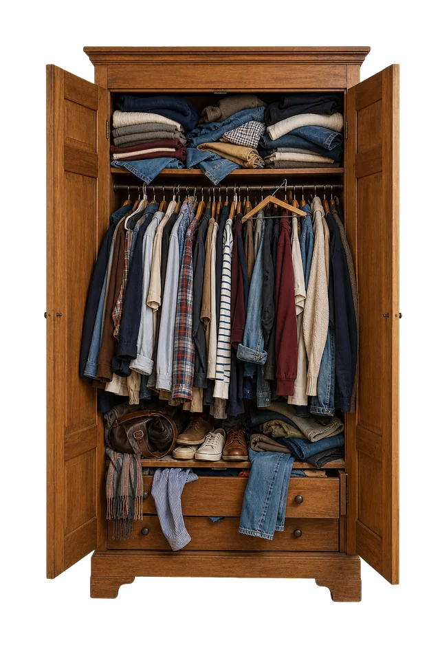 An overfilled open wardrobe packed with clothes